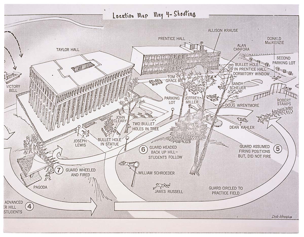 A map showing the location of the events of the Kent State shooting.