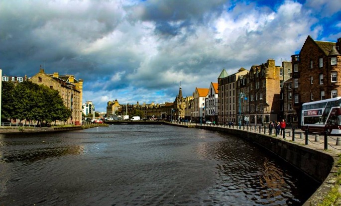 The Shore, the main street of Leith, next to the Water of Leith.