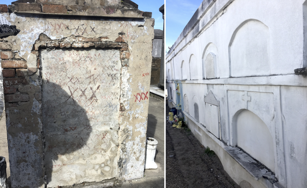 On the left, a tomb often mistaken for that of Marie Laveau. On the right, 'condos' at St. Louis No. 1 Cemetery.