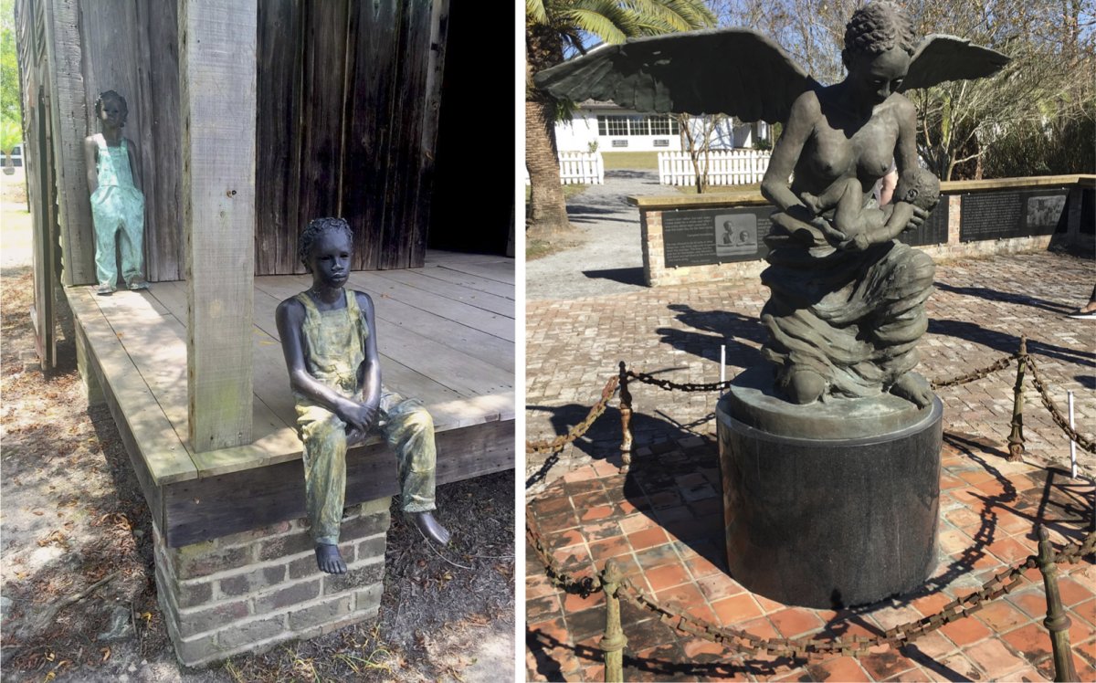 On the left, statues of children in the reconstructed slave quarters. On the right, a memorial in honor of the thousands of enslaved children who died before reaching the age of three.