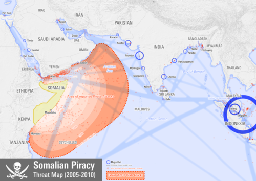 Map illustrating areas under threat by Somali pirates.