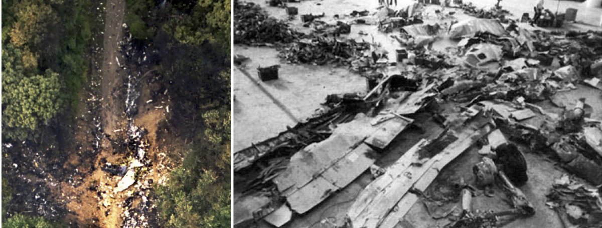 On the left, a photo taken of the impact crater from USAir Flight 427 taken during the investigation. On the right, wreckage recovered from the site for analysis.