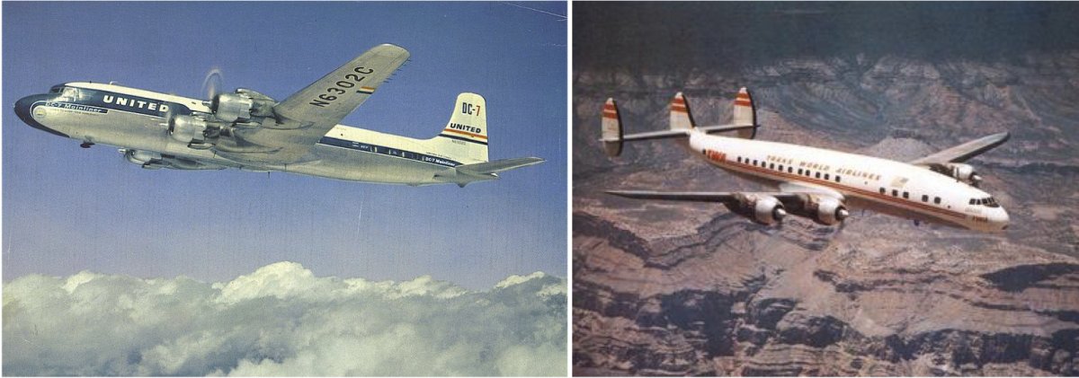 On the left, a United Air Lines Douglas DC-7. On the right, a TWA Lockheed L-1049 Super Constellation.