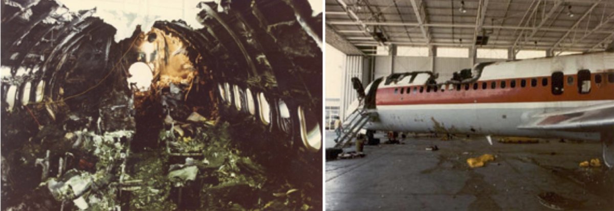 On the left, the inside of Air Canada Flight 797 after the fire. On the right, the exterior of the plane.