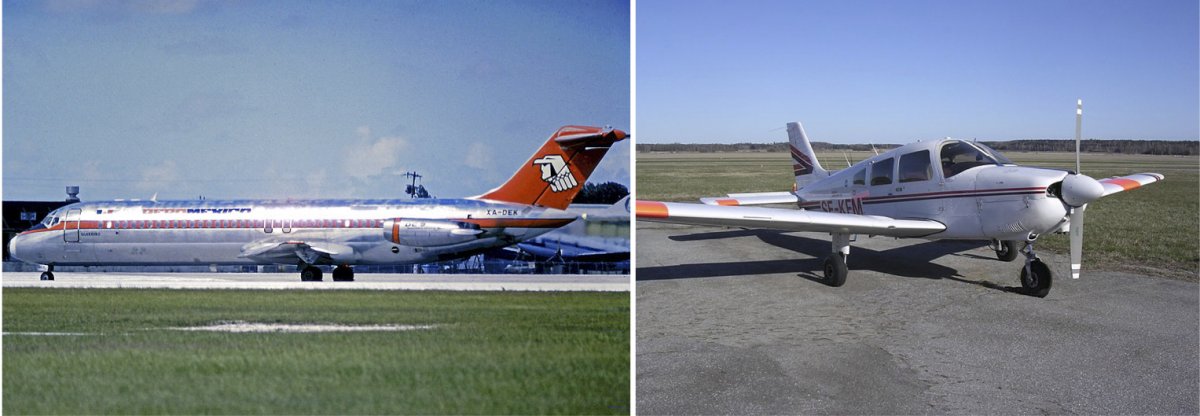 On the left, an AeroMexico Douglas DC-9-30 plane. On the right, a Piper Pa-28-181.