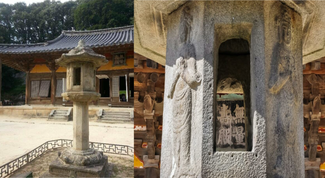 On the left, a stone lantern in front of the Muryangsujeon hall. On the right, a view through another lantern.