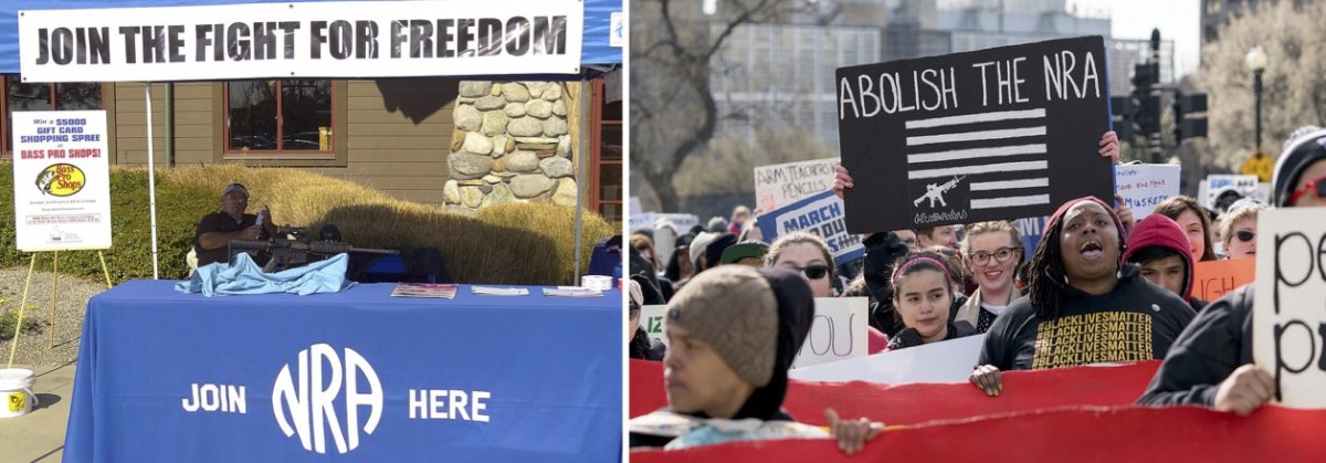 On the left, a booth for the National Rifle Association. On the right, people protesting against NRA.