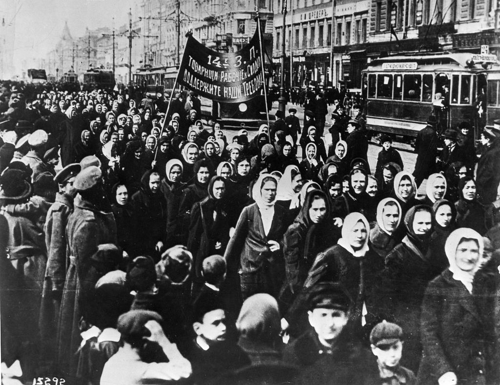 Russian women march in Petrograd, Russia in 1917 on International Women’s Day, in a protest that would mark an immediate precursor to the Russian Revolution