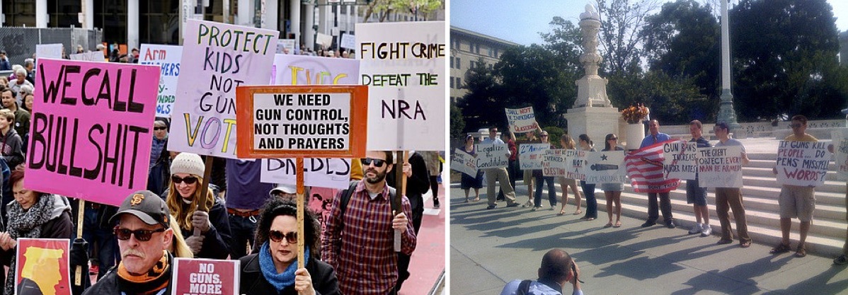 On the left, anti-gun protestors. On the right, pro-gun protestors.