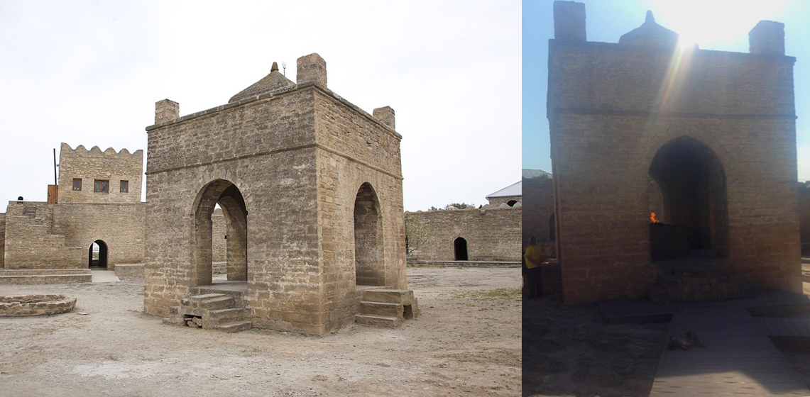 On the left, the Zoroastrian fire temple complex at Surakhani. On the right, the replica of the fire temple's eternal flame.