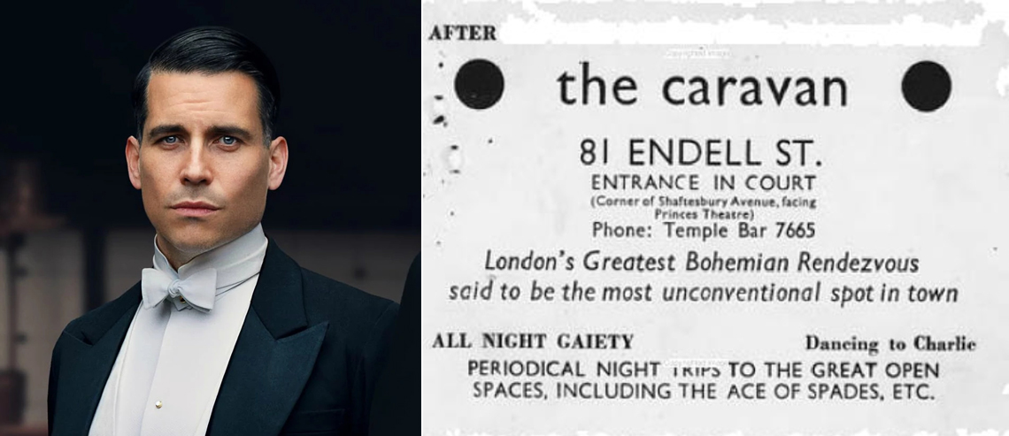 On the left, Robert James-Collier playing Thomas Barrow. On the right, a 1934 advertisement for the Caravan Club.