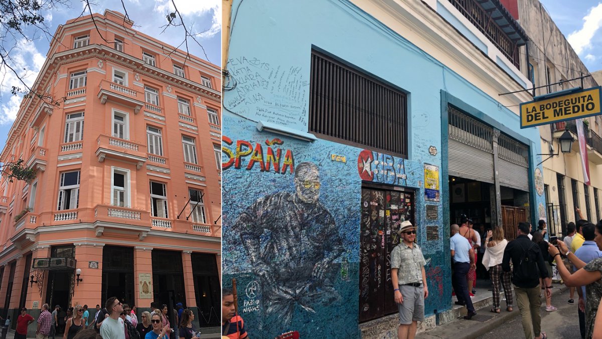 On the left, Hotel Ambos Mundos. On the right, Hemingway's favorite Havana bar.