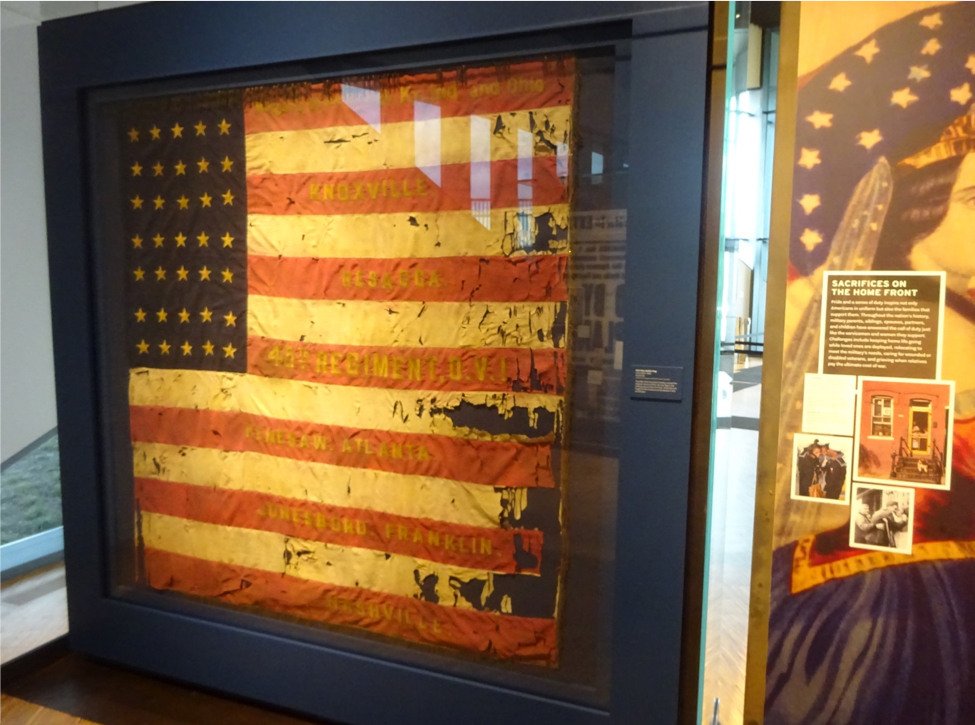 A Civil War flag from the 44th Ohio Voluntary Infantry Regiment on display at the museum.