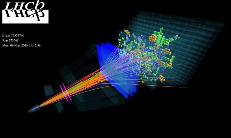 A computer reconstruction of an experiment run at the Large Hadron Collider in Geneva.