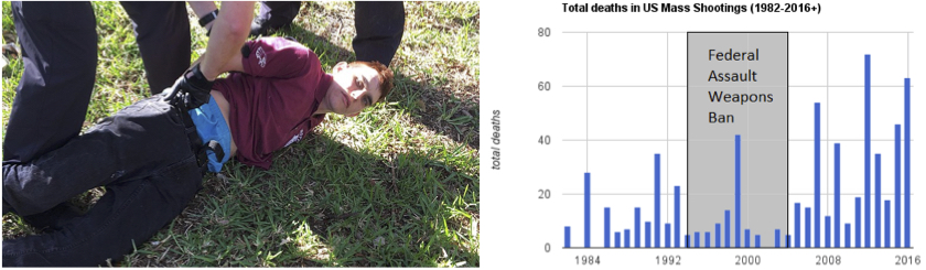 On the left, Nikolas Cruz, the suspected gunman at Marjory Stoneman Douglas High School in Parkland, FL, being arrested. On the right, a graph depicting mass shooting deaths in the U.S. from 1982 to 2016.