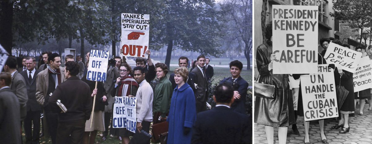 On the left, Cuban Missile Crisis protestors. On the right, 800 women protesting near the UN Building during the Cuban Missile Crisis.