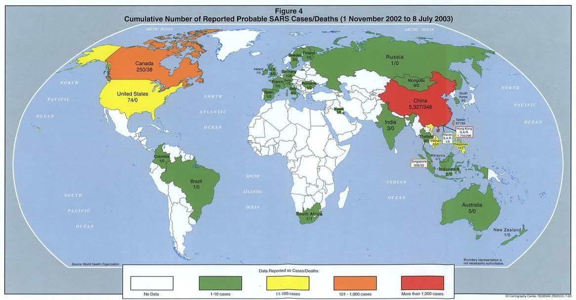 Map showing the number of probable SARS cases/deaths.