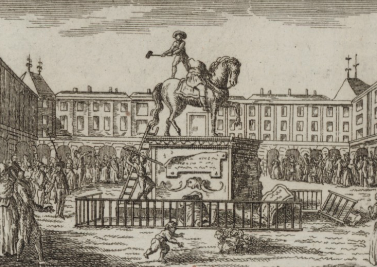Destruction of the statue of Louis XIII on horseback at Place de Vosges in Paris.