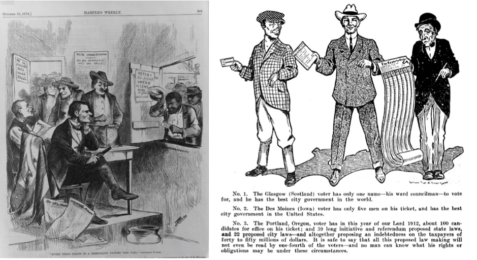 On the left, a Harper’s Weekly cartoon depicting voter suppression. On the right, a 1912 cartoon mocking Oregon’s election system.