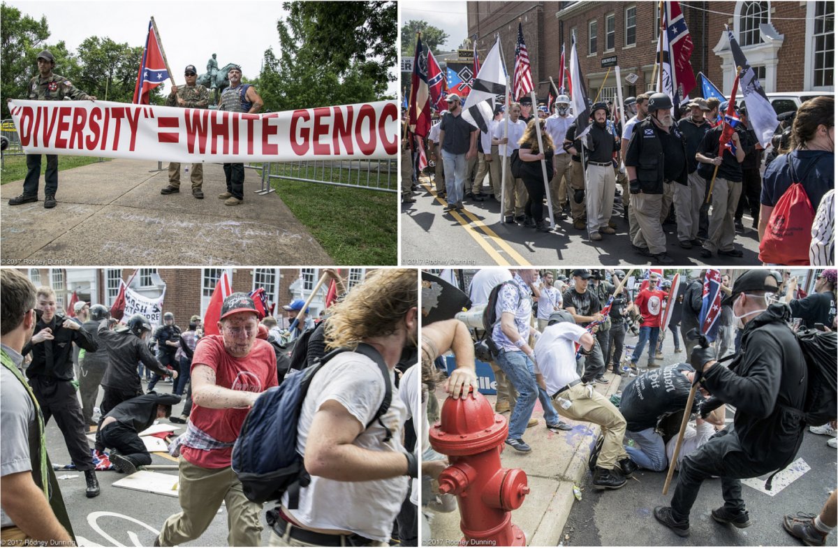 On the top left, protesters at the Unite the Right rally in Charlottesville claiming that 'diversity' leads to white genocide. On the top right, protesters from various alt-right groups marching in Charlottesville. On the bottom left, clashes between protesters and counter-protesters in Charlottesville. On the bottom right, violence at the Unite the Right rally.