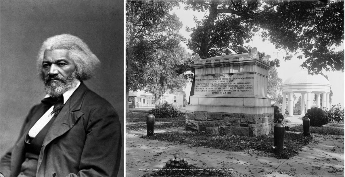 On the left, Frederick Douglass c.1895. On the right, the Monument to the Unknown Dead at National Cemetery, Arlington.