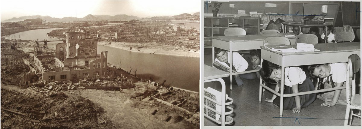 On the left, a view of Hiroshima, Japan after the atomic bomb strike. On the right, New York schoolchildren during a 'take cover' drill.