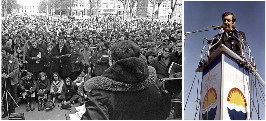 On the left, students at the University of Michigan listen to a speaker at the first Earth Day in 1970. On the right, Senator Edmund Muskie.