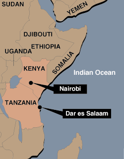 Map showing Nairobi, Kenya and Dar-es-Salaam, Tanzania.