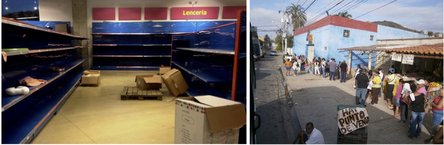 On the left, a store in 2013 with empty shelves. On the right, a line of customers hoping to buy some of the few goods available stretches outside a grocery store in 2014.