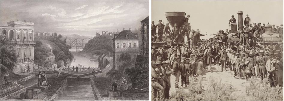 On the left, an 1855 lithograph of the Erie Canal at Lockport, NY. On the right, a ceremony in Promontory Summit, UT in 1869 for the completion of the First Transcontinental Railroad.