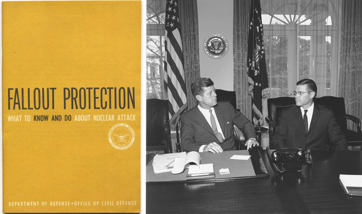 On the left, a U.S. Civil Defense booklet. On the right, President Kennedy and McNamara meeting in the Oval Office.
