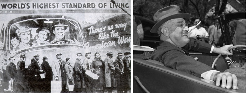 On the left, a 1937 photo of African Americans in a relief line in front of a billboard. On the right, President Franklin D. Roosevelt.