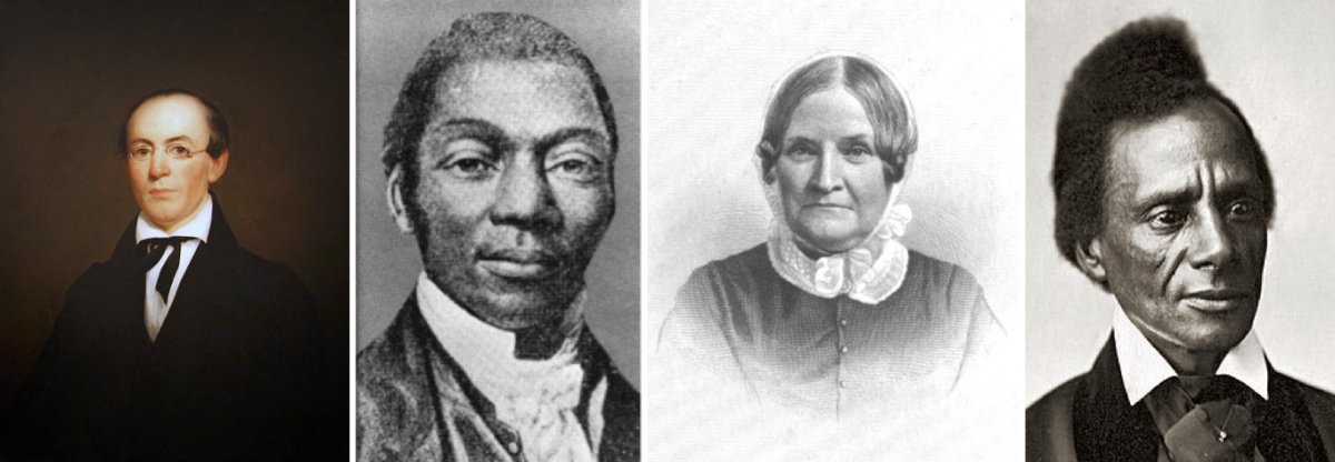 Abolitionist and publisher William Lloyd Garrison, abolitionist and writer David Walker, abolitionist, writer, and women’s rights advocate Lydia Maria Child, and orator and abolitionist Charles Lenox Remond.
