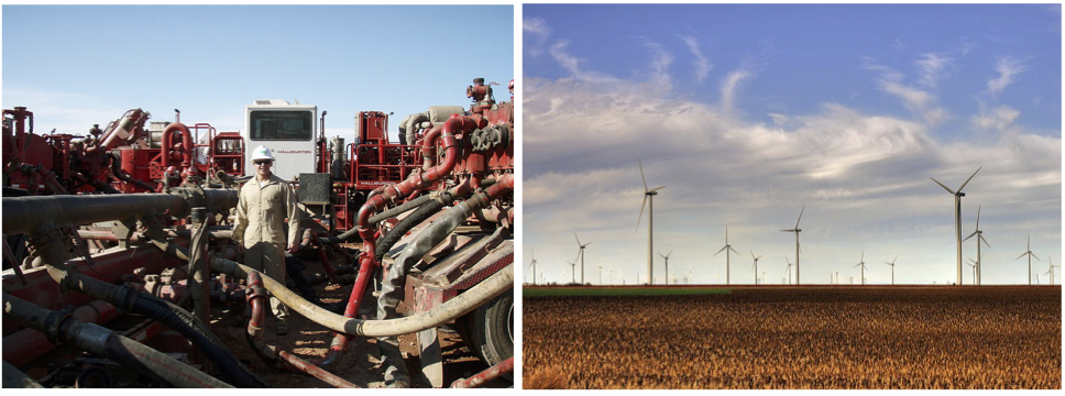 On the left, a fracking operation in the Bakken Formation, ND run by Halliburton. On the right, the Smoky Hills Wind Farm in Kansas.