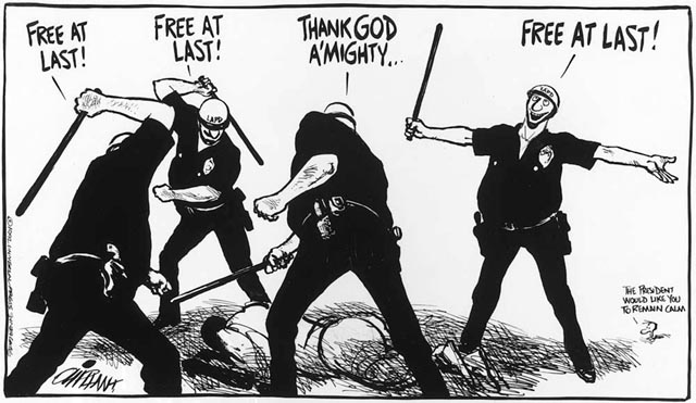 After a jury acquitted four Los Angeles police officers accused of beating Rodney King in 1992, editorial cartoonist Pat Oliphant used Martin Luther King, Jr.’s famous words in this darkly ironic illustration of the verdict’s injustice
