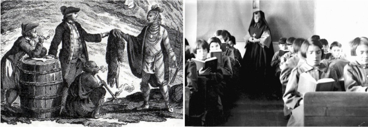 On the left, a 1777 depiction of French and Indian fur traders. On the right, students of St. Anne’s Indian Residential School in Fort Albany, Ontario around 1945
