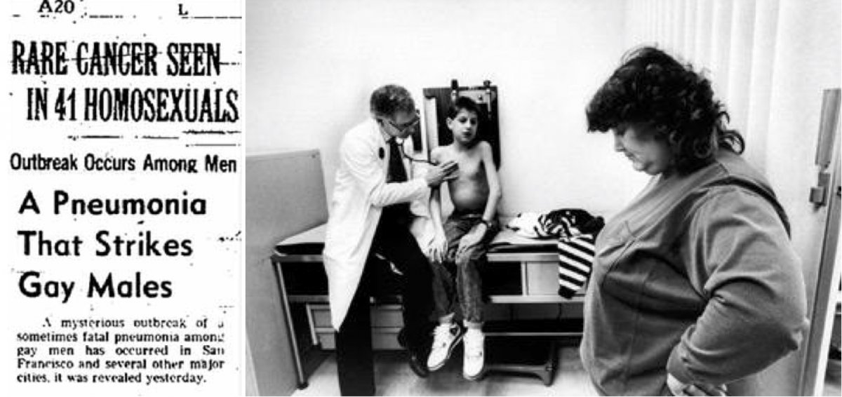 On the left, a newspaper clipping from 1981. On the right, Ryan White, a boy with hemophilia.