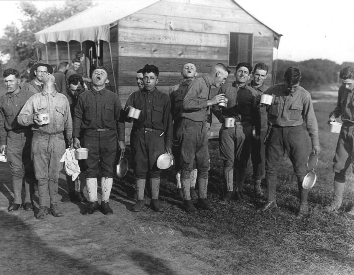 Men gargling salt water to guard against infection at Camp Dix, New Jersey.