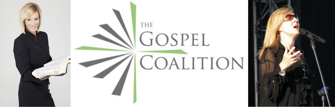 On the left, Paula White in 2011. In the middle, the logo for the Gospel Coalition. On the right, Darlene Zschech on a 2009 tour of India.