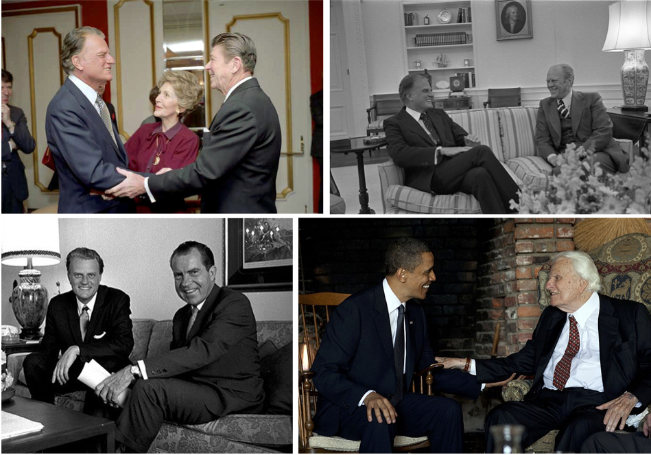 On the top left, Graham with President Ronald Reagan and First Lady Nancy Reagan. On the top right, Graham with President Gerald Ford. On the bottom left, Graham with President Richard Nixon. On the bottom right, Graham with President Barack Obama.