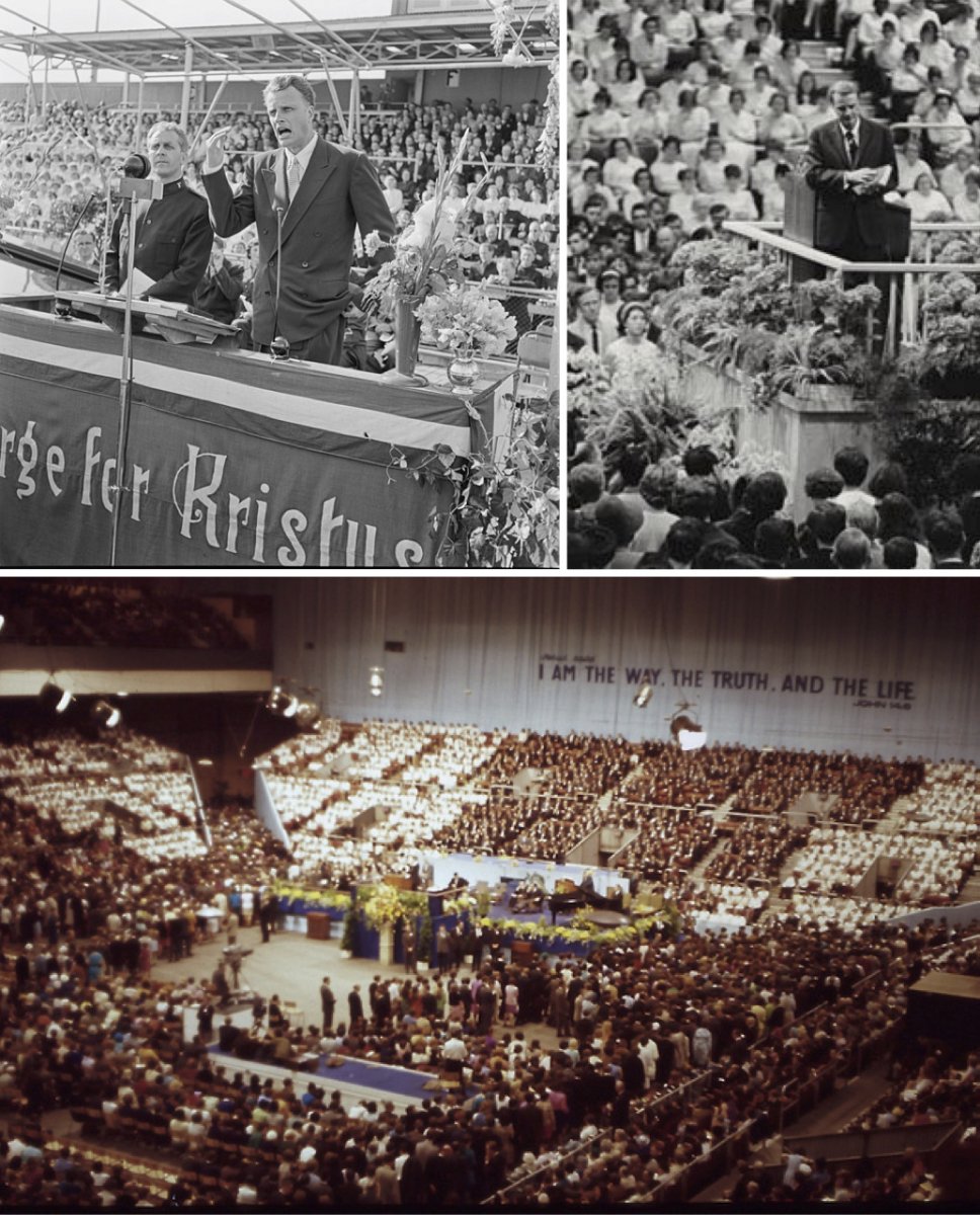 On the left, Graham preaching in Oslo, Norway. On the right, Graham preaching in Glasgow, Scotland. On the bottom, Graham preaching in Britain.