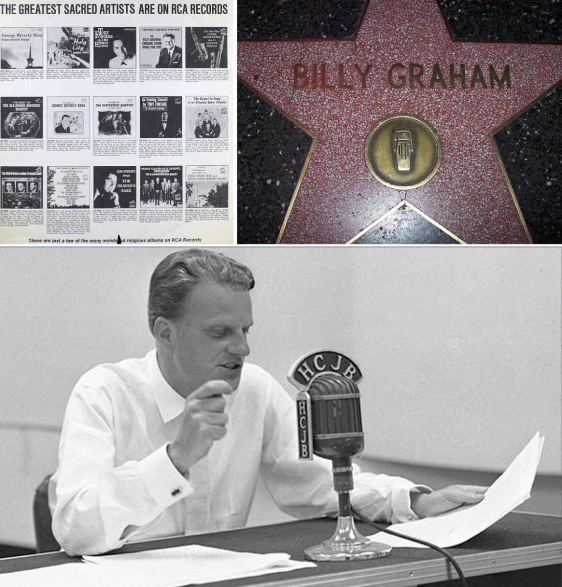 On the left, an advertisement for sacred artists on RCA records. On the right, a star for Graham on the Hollywood Walk of Fame. On the bottom, Graham recording a 1962 episode of The Hour of Decision.