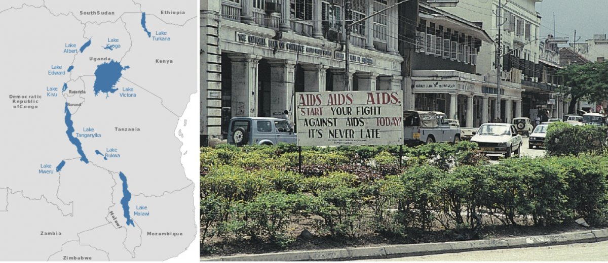 On the left, the Great Lakes region of Africa. On the right, a 2005 sign from Dar-es-Salaam, Tanzania promoting AIDS awareness.