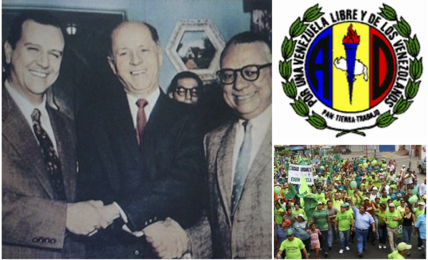 On the left,  Rafael Caldera, Jóvito Villalba, and Rómulo Betancourt. At the top, the logo of the Social Democratic Party, Acción Democrática. At the bottom, members of the Social Christian Party, COPEI, marching for a mayoral candidate around 2010 in the party’s trademark green color.