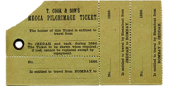 19th century British hajj ticket granting travel from Bombay to Jeddah.