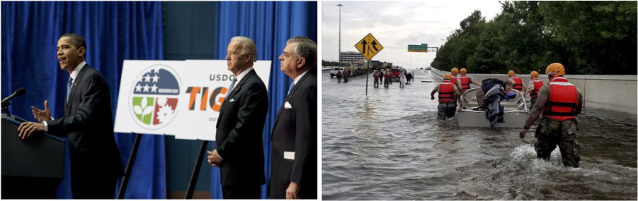 On the left, President Barack Obama announcing a $28 billion infrastructure plan in 2009 at the start of the Great Recession. On the right, soldiers with the Texas Army National Guard move through flooded Houston roads in 2017.