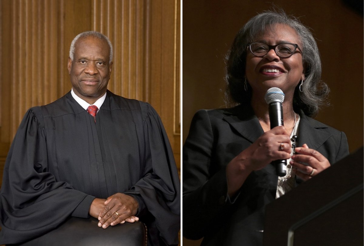 On the left,  Clarence Thomas. On the right, Anita Hill.