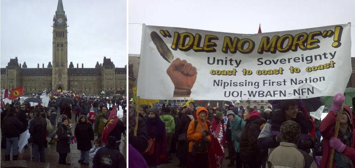On the left, an estimated 3,000 supporters of the Idle No More movement occupied Parliament Hill in 2013. On the right, a protest in 2013 by members of the Nipissing First Nation and non-Aboriginal supporters in Ottawa over weakened environmental laws