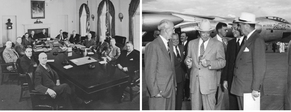 On the left, President Harry S. Truman meeting with his cabinet. On the right, President Dwight D. Eisenhower chatting with members of his cabinet.