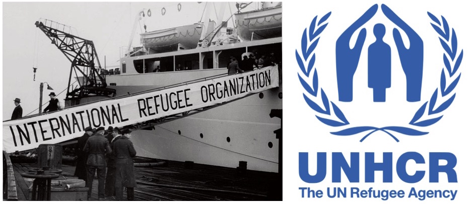 On the left, a passenger ship for migrants associated with the United Nations' International Refugee Organization. On the right, the logo for the United Nations High Commissioner for Refugees.